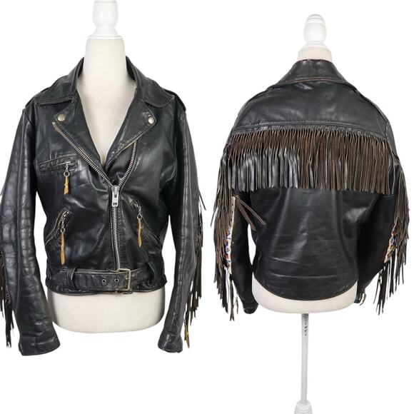 Vintage Jackets & Blazers - Vintage 70s Empire of Chicago Black Leather Moto Jacket Fringe Beaded Trim 12